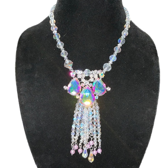 Handmade Aurora Borealis Crystal Waterfall Necklace – Vintage AB Beads, Reimagin - Picture 1 of 7
